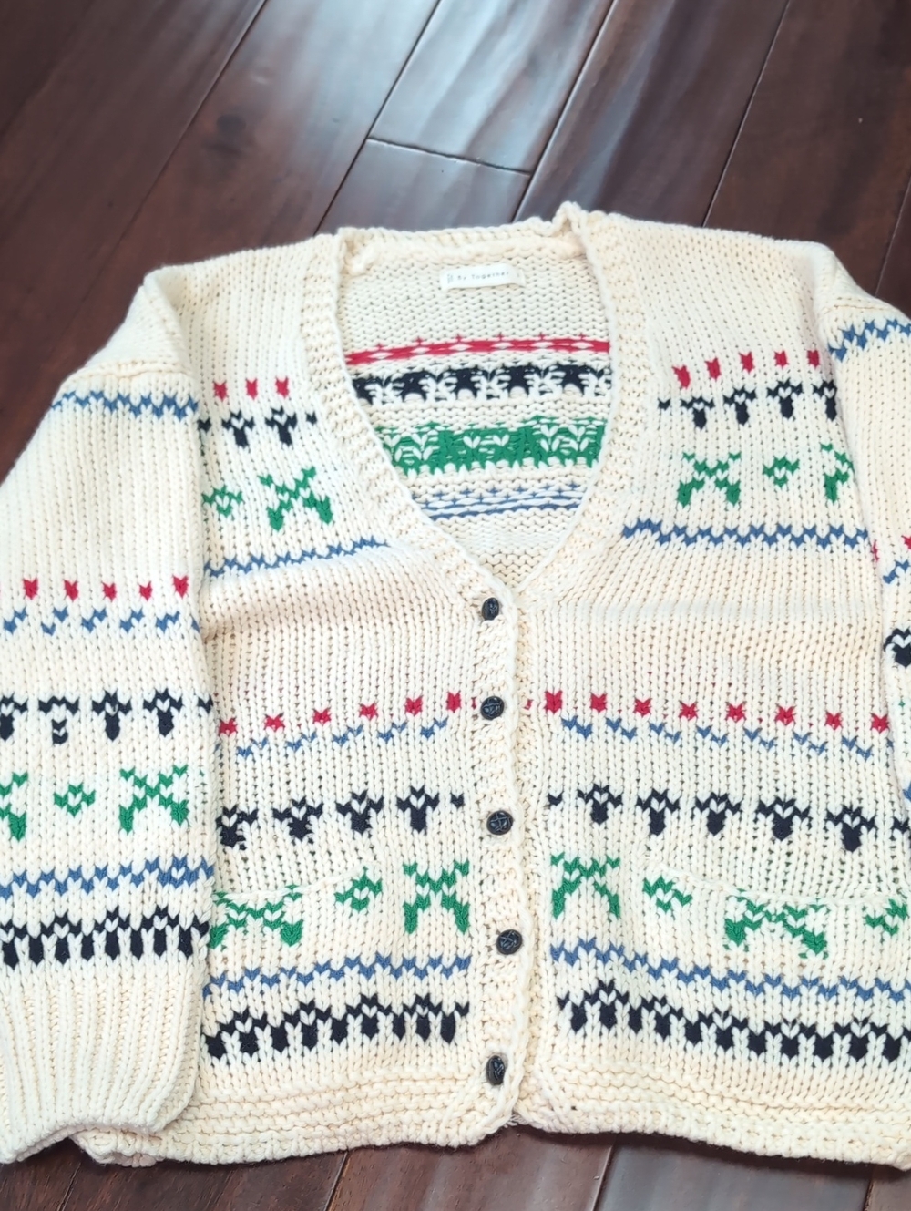 🌸3/$25🌸 By Together Cream Knit Cardigan with Green, Navy & Red Accents